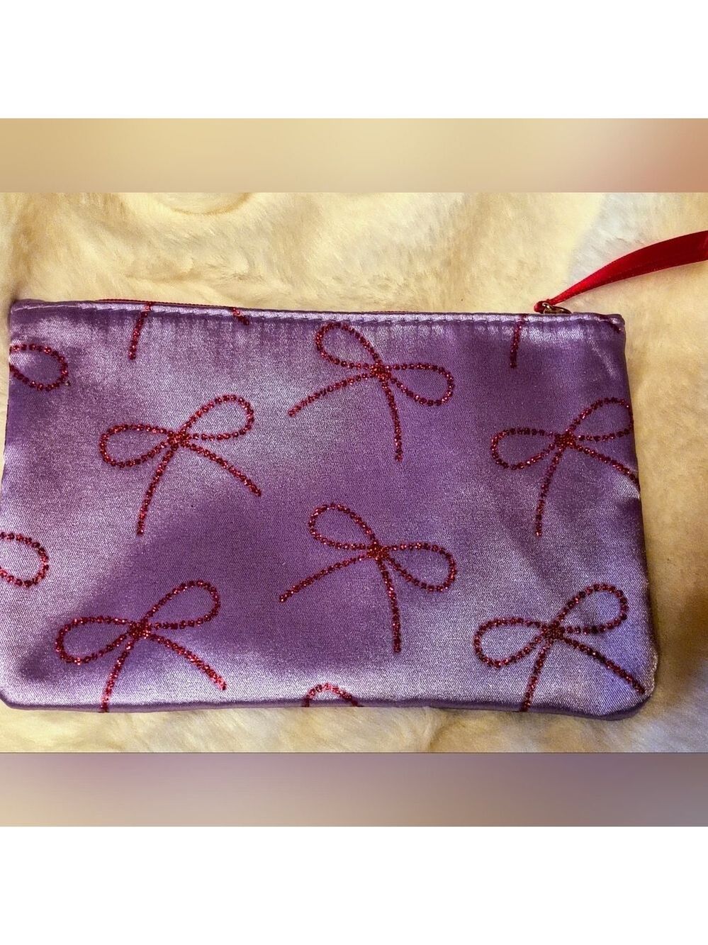 Ipsy Purple Satin Cosmetic Bag with Red Rhinestone Bows